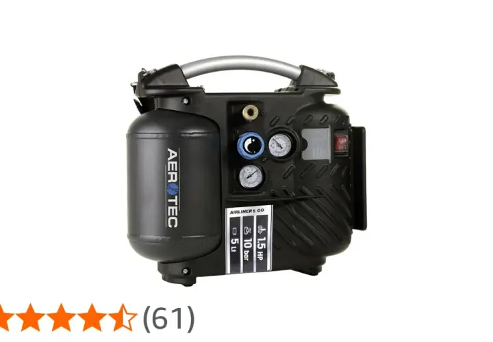 Kompakter aerotec kompressor mit 5 Liter Tank, 1,5 PS und 10 bar Druck. Ideal für unterwegs.