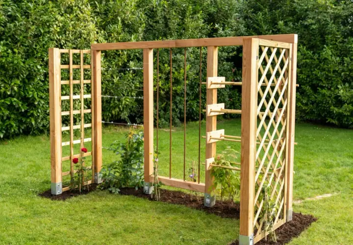 Holzkonstruktion im Garten mit Rankhilfen, die an Baustahlmatten erinnern. Kletterrosen und junge Pflanzen wachsen daran empor.