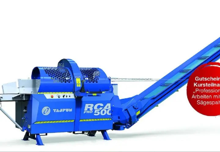 Blauer Tajfun RCA 500 Pro Sägespalter mit Förderband. Informieren Sie sich über den Tajfun RCA 500 Pro Preis und professionelles Arbeiten.