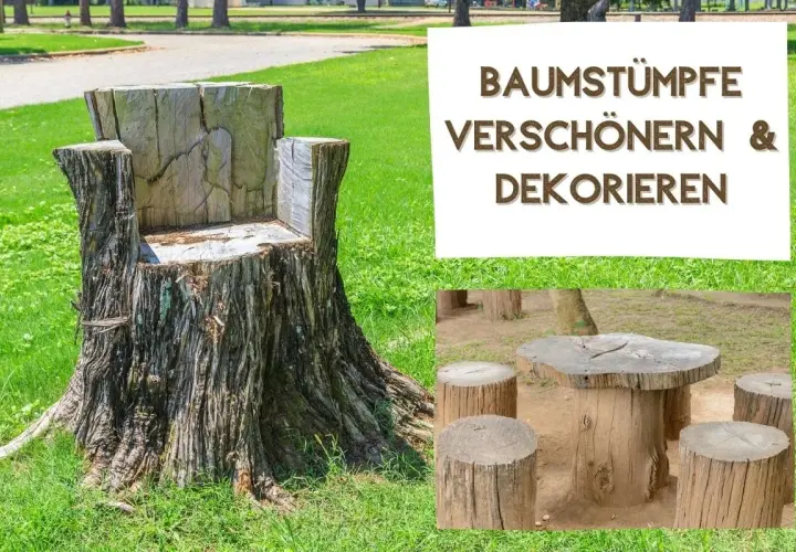 Ein Baumstumpf wird zum Thron, daneben ein Tisch mit Hockern aus Holzscheiten. So kann man aus einem Baumstamm tolle Möbel machen!