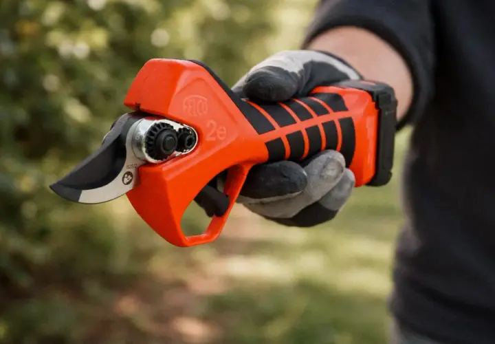 Eine Hand mit Handschuh hält eine leuchtend orangefarbene Rebschere.