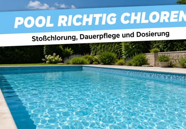 Klares Poolwasser mit Text "Pool richtig chloren: Stoßchlorung, Dauerpflege und Dosierung". Die richtige Chlordosierung ist entscheidend für hygienischen Badespaß.