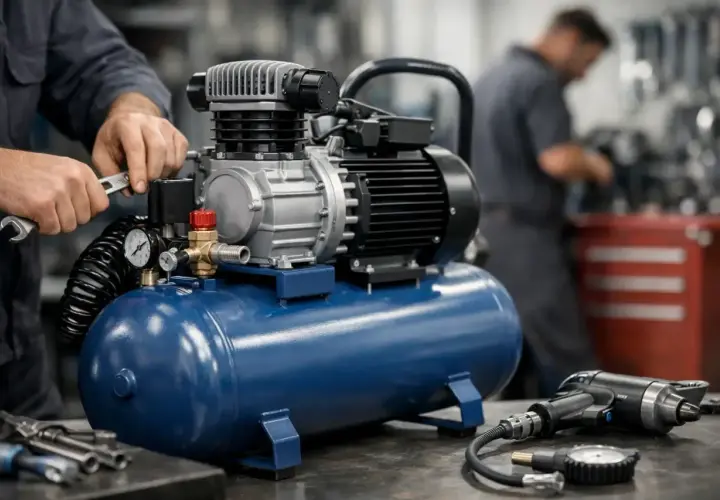 Ein Mann repariert einen blauen Kompressor 50 Liter. Daneben liegen Werkzeuge und ein Schlagschrauber.