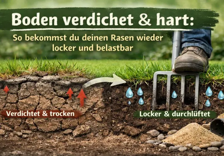 Ein Rasengabel lockert verdichteten Boden auf, damit er wieder locker und durchlüftet ist.