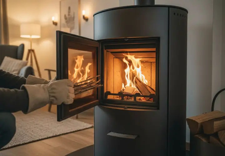 Person mit Handschuhen legt Holz nach, um die holzofen temperatur zu erhöhen. Flammen lodern im Ofen.