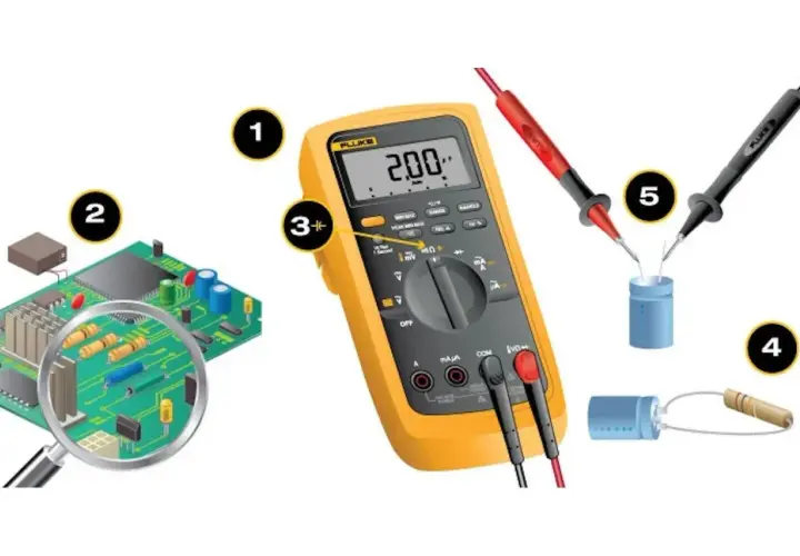 Multimeter misst Kondensator. Symptome eines defekten Kondensators können durch Messung erkannt werden.
