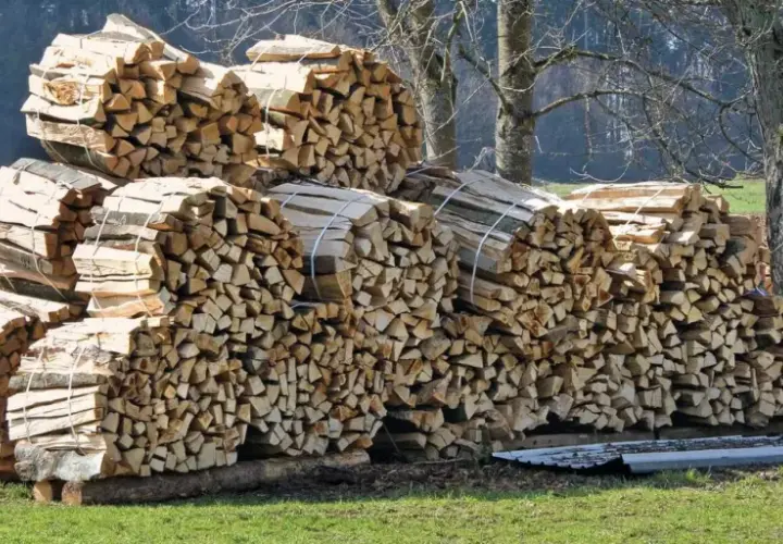 Stapel von gespaltenem Holz, bereit für den Winter. Dieses sehr alte Holz brennt schlecht, aber es ist ein schöner Anblick.