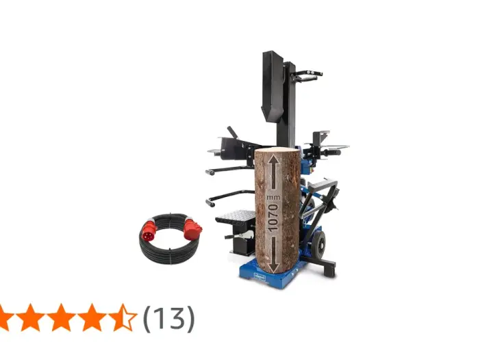 Leistungsstarker holzspalter 15 tonnen mit einem Holzstamm, der für die Spaltung bereit ist. Kabel und Stecker liegen daneben.