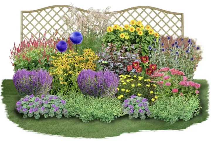 Bunte Blumenpracht mit lila Salbei, gelben Sonnenblumen und roten Taglilien. Tolle Beet-Ideen für einen blühenden Garten.