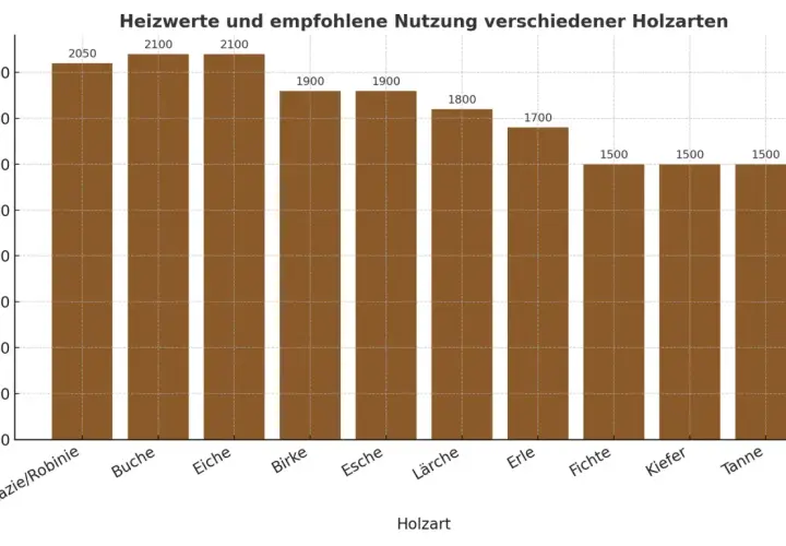 Balkendiagramm zeigt Heizwerte verschiedener Holzarten. Akazie/Robinie hat 2050 kWh/Raummeter, Buche und Eiche je 2100. Gut zum Heizen!