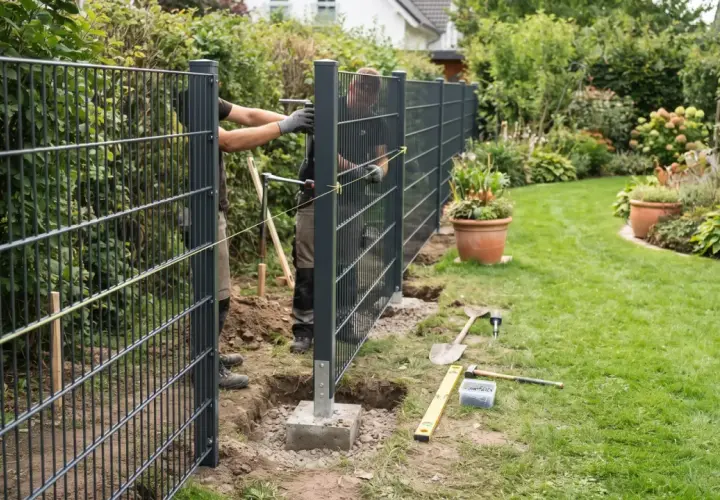 Zwei Männer montieren einen modernen Metallzaun im Garten. Werkzeuge liegen bereit, um den neuen weidezaun garten zu vollenden.