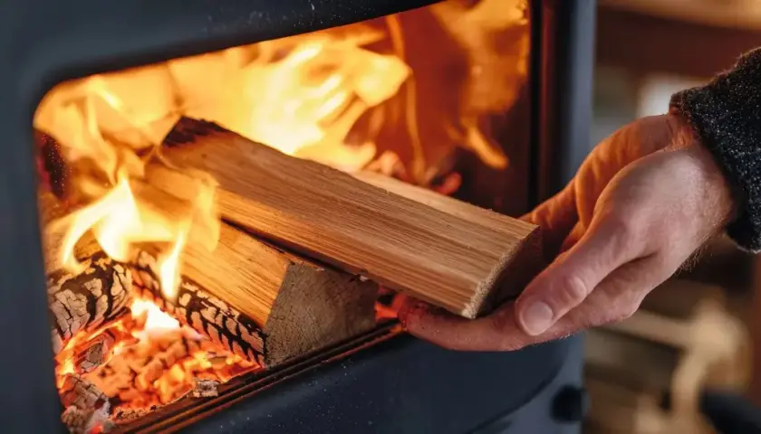 Hand legt Holzscheite in einen Ofen, um feuchtes Holz zu verbrennen. Flammen lodern hell.