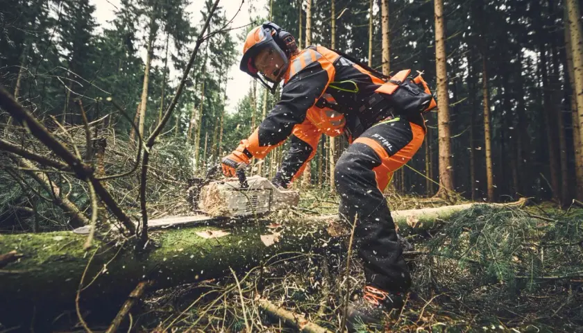 Forstarbeiter in Schutzkleidung arbeitet mit einer Kettensäge im Wald. PSA Forst schützt bei der Arbeit.