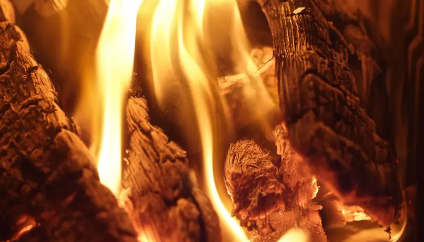 Glühende Flammen tanzen um das Teakholz, das langsam verbrennt und eine warme, gemütliche Atmosphäre schafft.