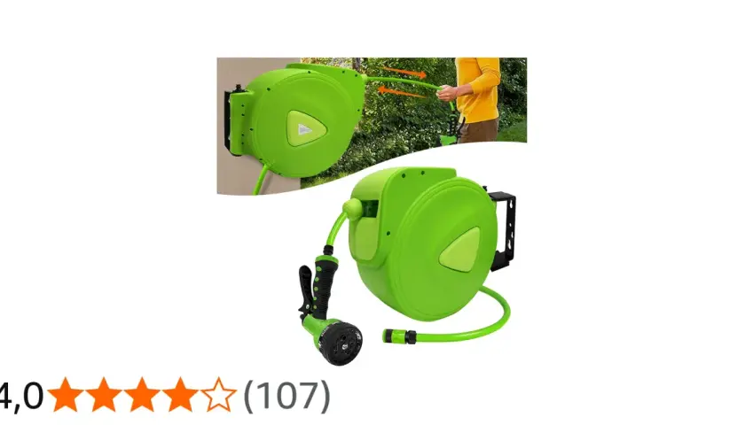 Grüner schlauchaufroller 30 meter mit Sprühpistole, ideal für den Garten.