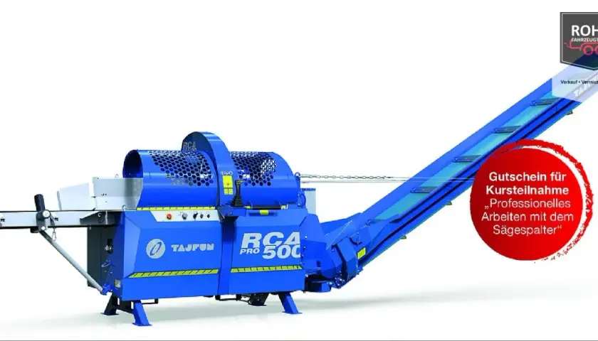 Blauer Tajfun RCA 500 Pro Sägespalter mit Förderband. Informieren Sie sich über den Tajfun RCA 500 Pro Preis und professionelles Arbeiten.