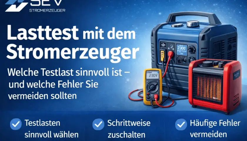 Ein 5 kW Generator mit angeschlossenem Heizlüfter und Voltmeter. Der Text informiert über Lasttests mit Stromerzeugern.