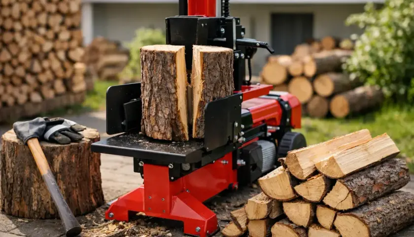 Roter Holzspalter mit zwei Holzstämmen, bereit zum Spalten. Daneben liegen Äxte und Handschuhe. Die Frage "holzspalter wieviel tonnen" wird durch die Leistung des Geräts beantwortet.