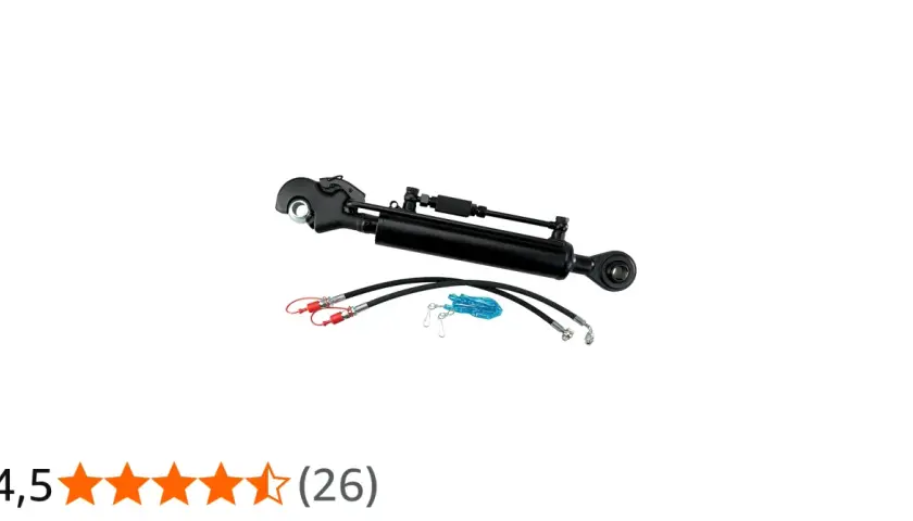 Schwarzer hydraulik oberlenker mit Schläuchen und Anschlüssen, bereit für den Einsatz am Traktor.