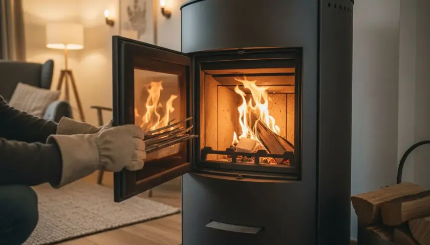 Person mit Handschuhen legt Holz nach, um die holzofen temperatur zu erhöhen. Flammen lodern im Ofen.