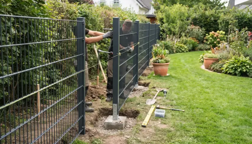 Zwei Männer montieren einen modernen Metallzaun im Garten. Werkzeuge liegen bereit, um den neuen weidezaun garten zu vollenden.
