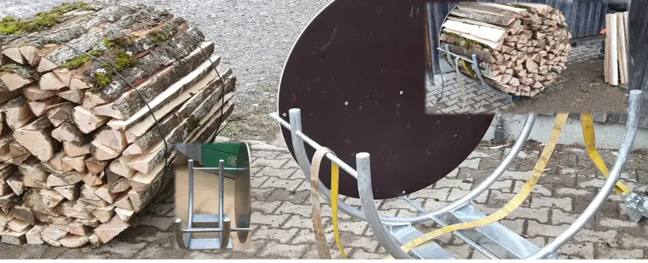 Holzstapel, die für den Transport vorbereitet sind. Ein Bündelgerät hilft, das Holz ordentlich zu stapeln und zu sichern.