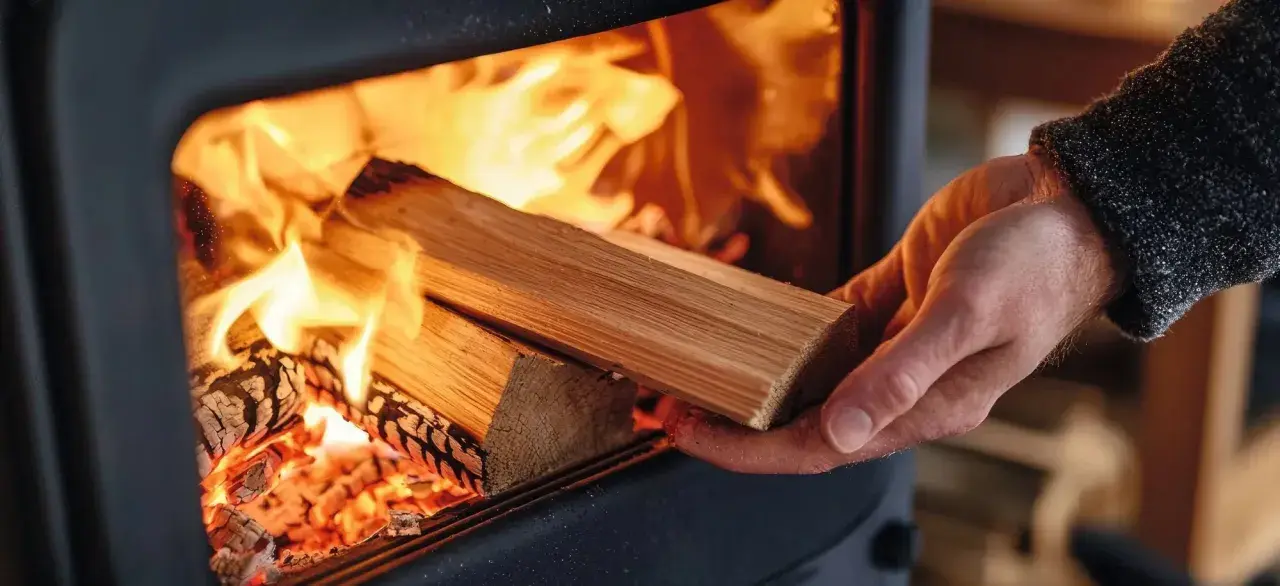 Hand legt Holzscheite in einen Ofen, um feuchtes Holz zu verbrennen. Flammen lodern hell.