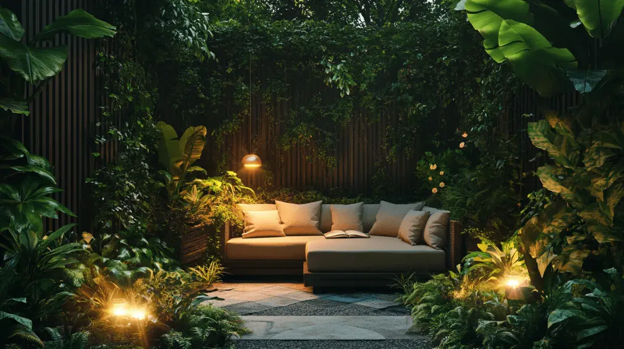 Gemütliche Garten Ecke Ideen: Ein bequemes Sofa lädt zum Entspannen ein, umgeben von üppiger Vegetation und stimmungsvoller Beleuchtung.