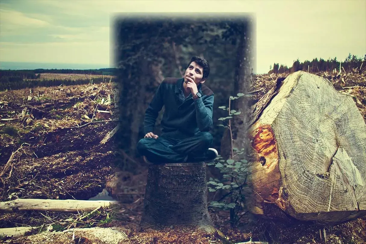 Ein Mann sitzt nachdenklich auf einem Baumstumpf, umgeben von einer Landschaft, in der morsch es Holz brennt.