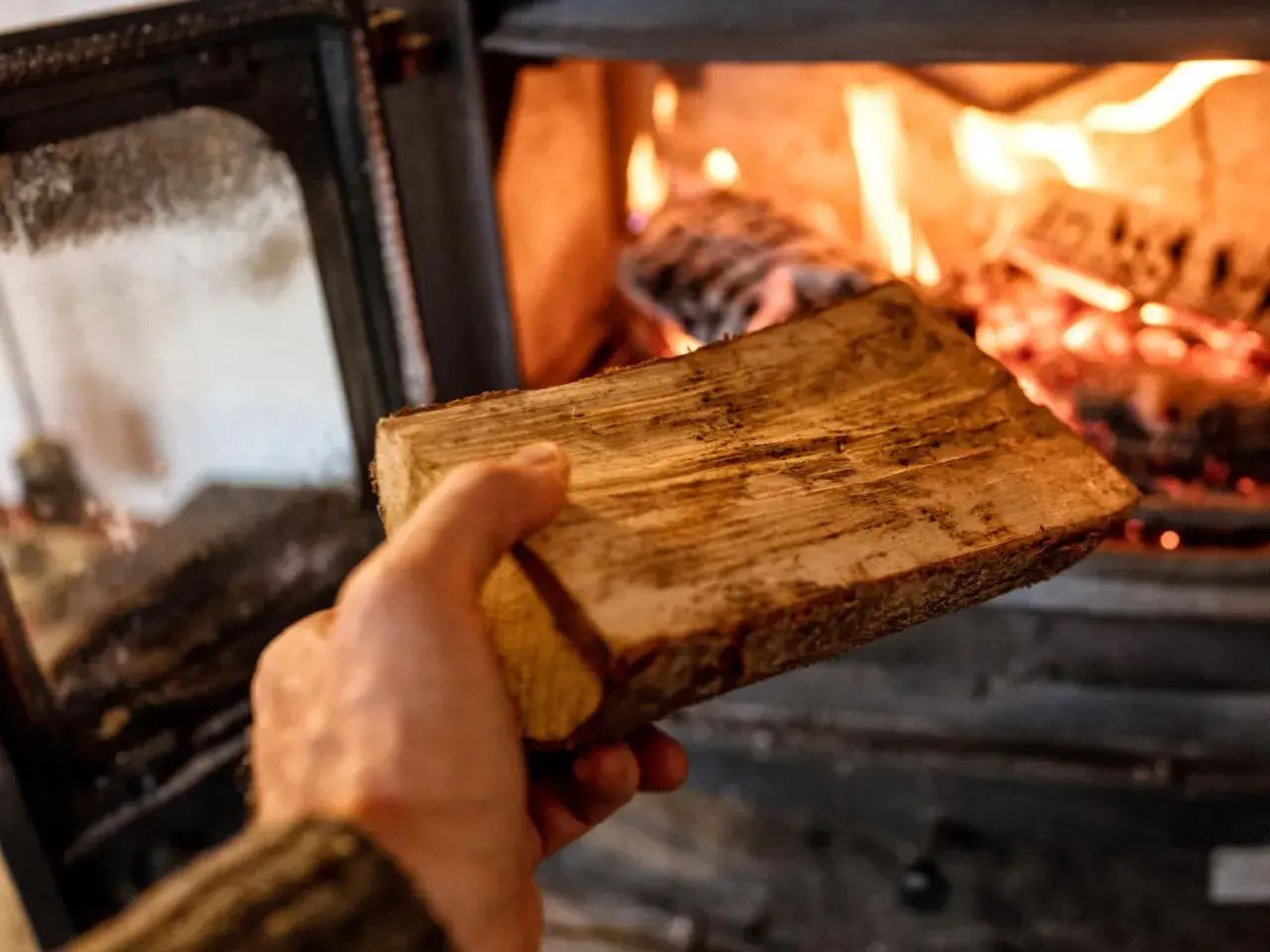 Hand hält Holzscheit für den Ofen. Bald wird brennholz verboten, die letzte Wärme.