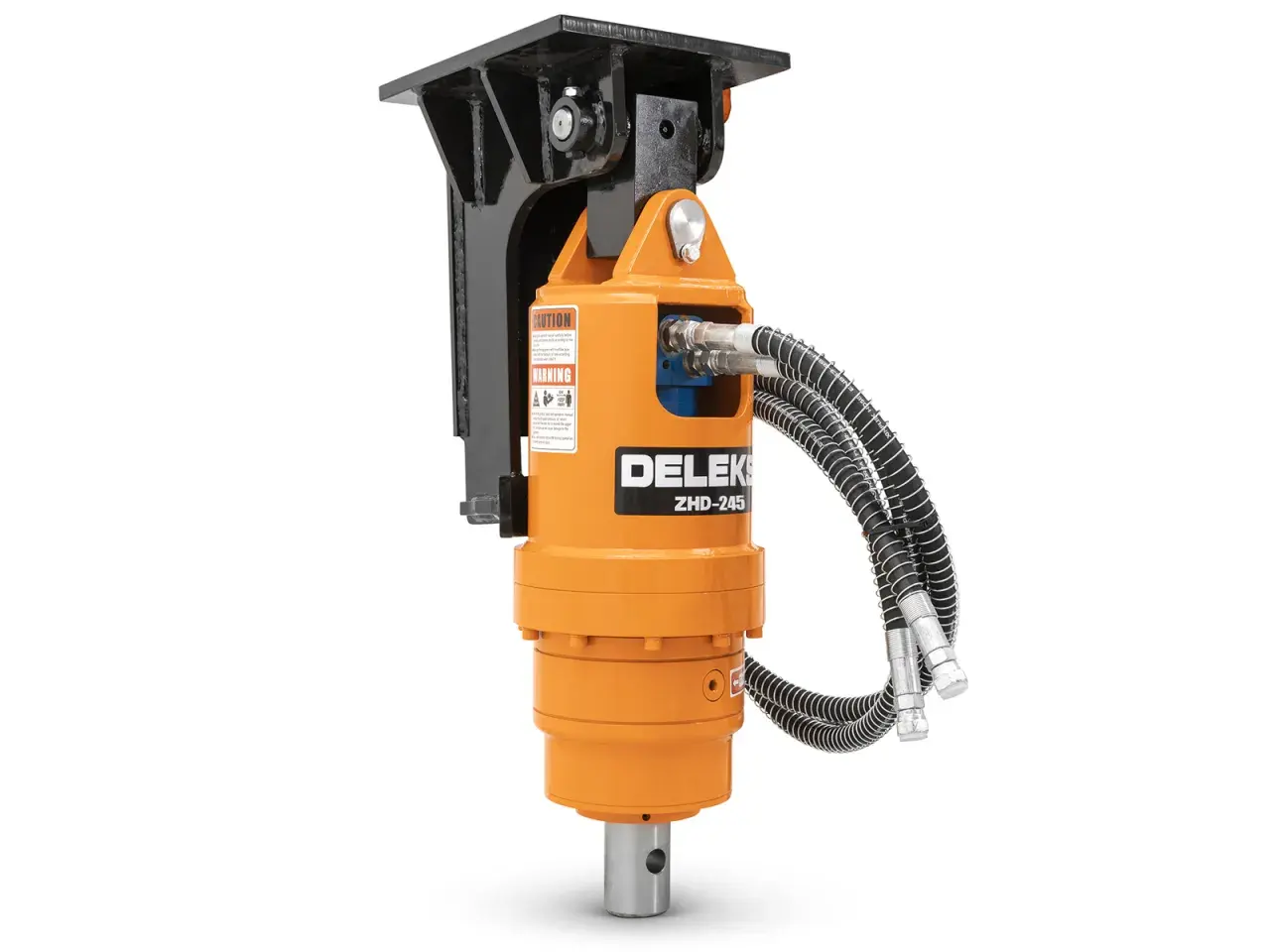 Orange hydraulik erdbohrer von Delek mit zwei Schläuchen.