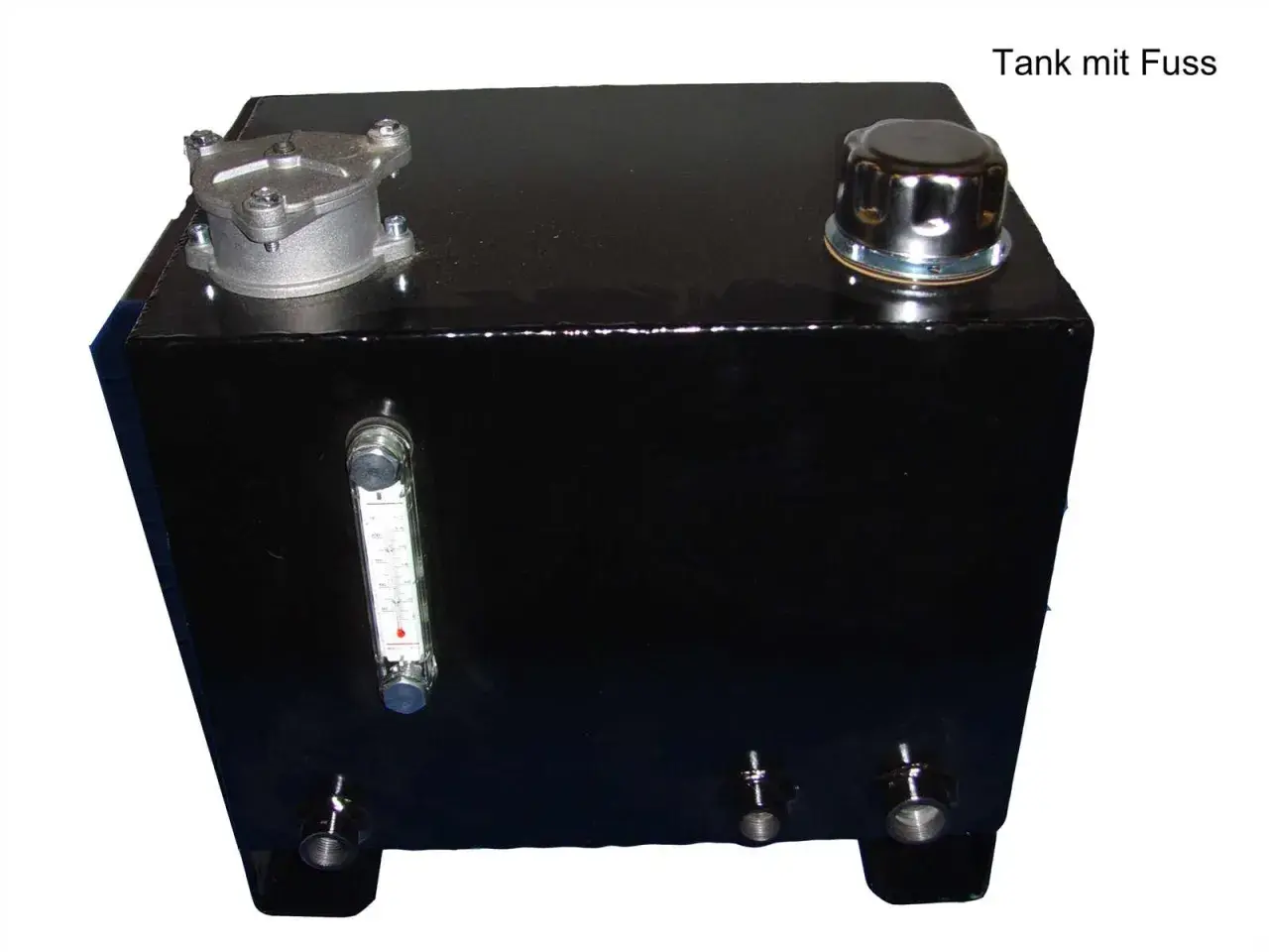 Schwarzer hydrauliköltank 10l mit Füllstandsanzeige und Schraubverschluss, bereit für den Einsatz.