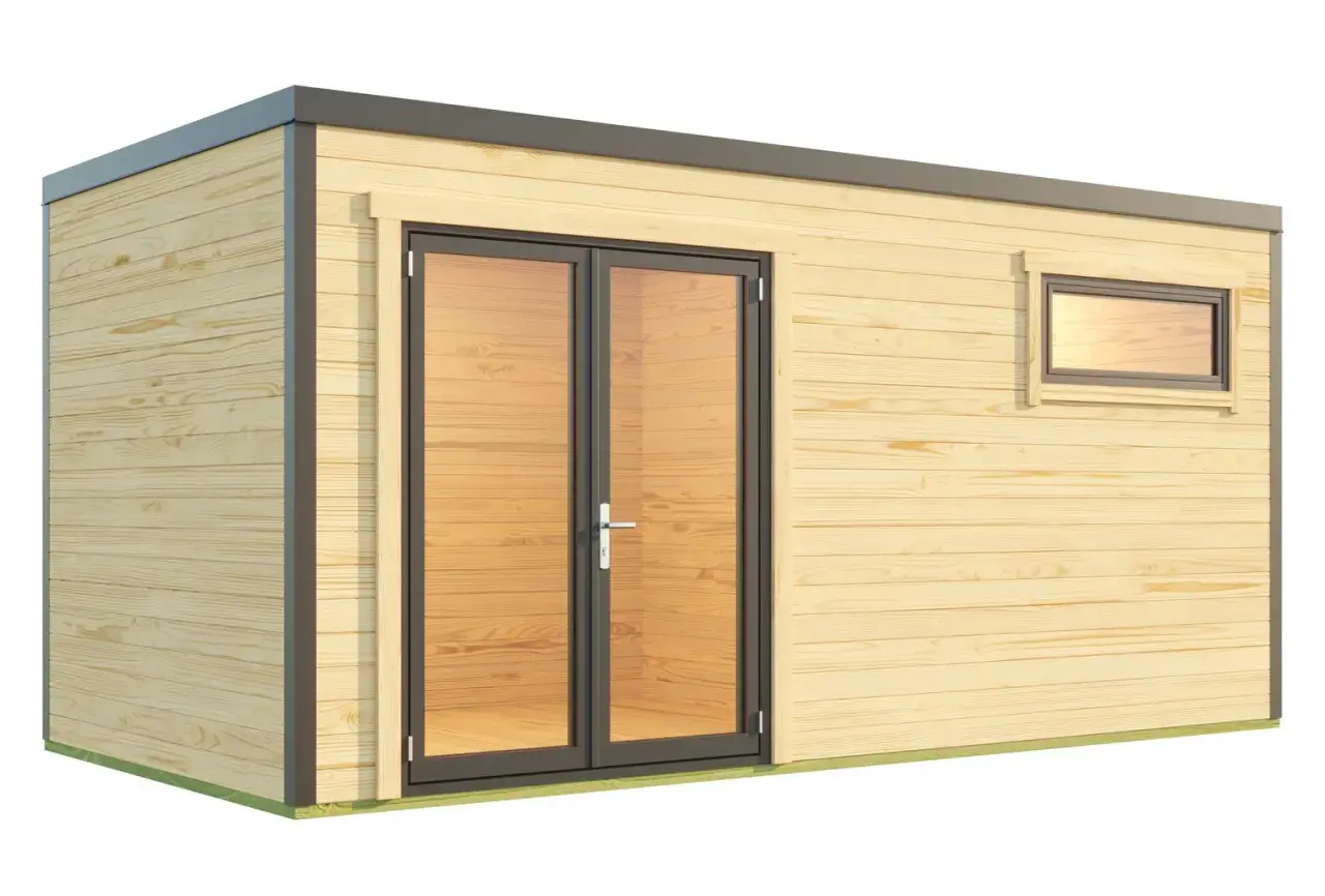 Modernes Gartenhaus mit Doppeltür und Fenster, ideal als Werkstatt oder Aufbewahrungsort.
