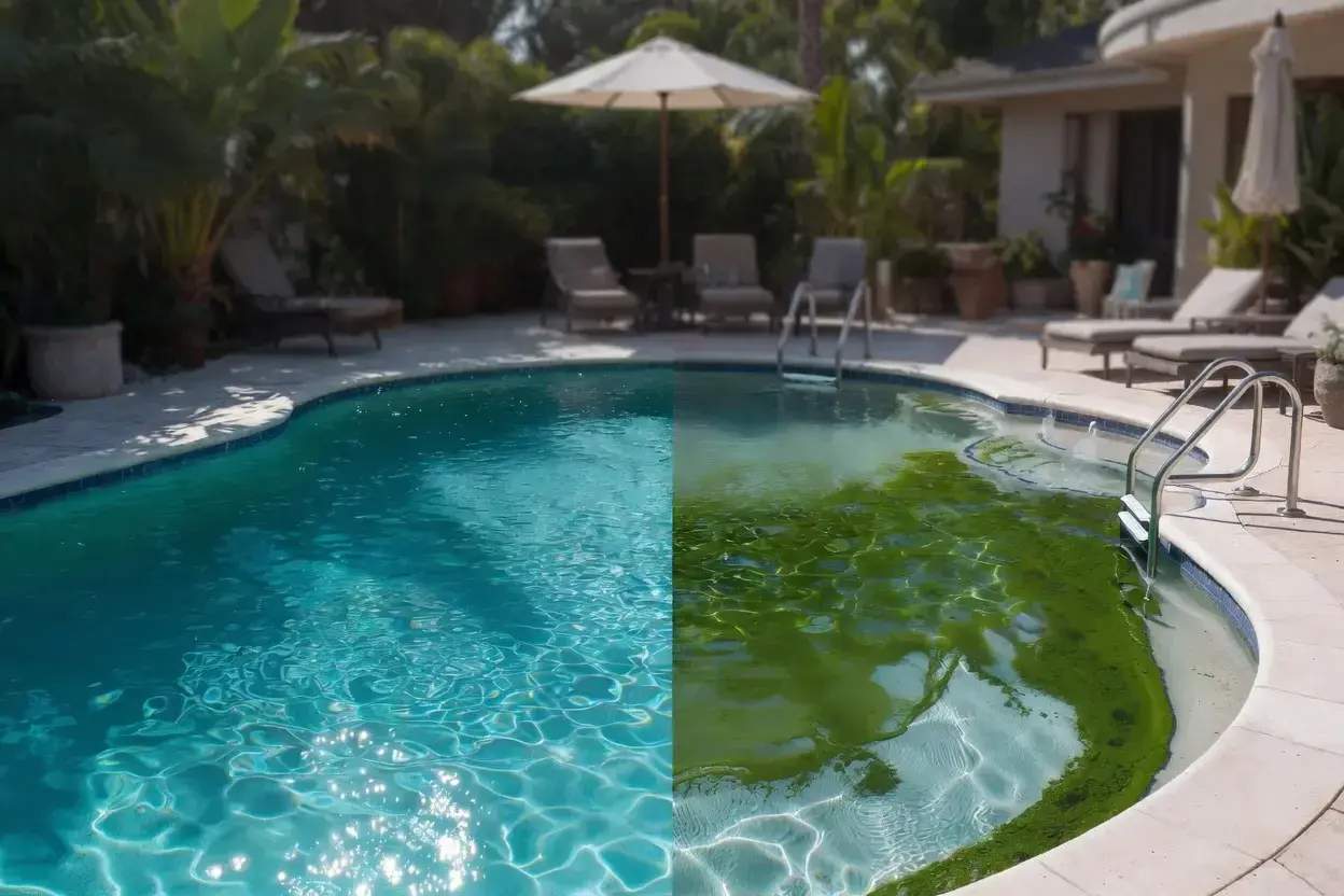 Vorher-Nachher-Vergleich eines Pools: Links klares, blaues Wasser, rechts starker Befall mit grünen Algen im Pool.