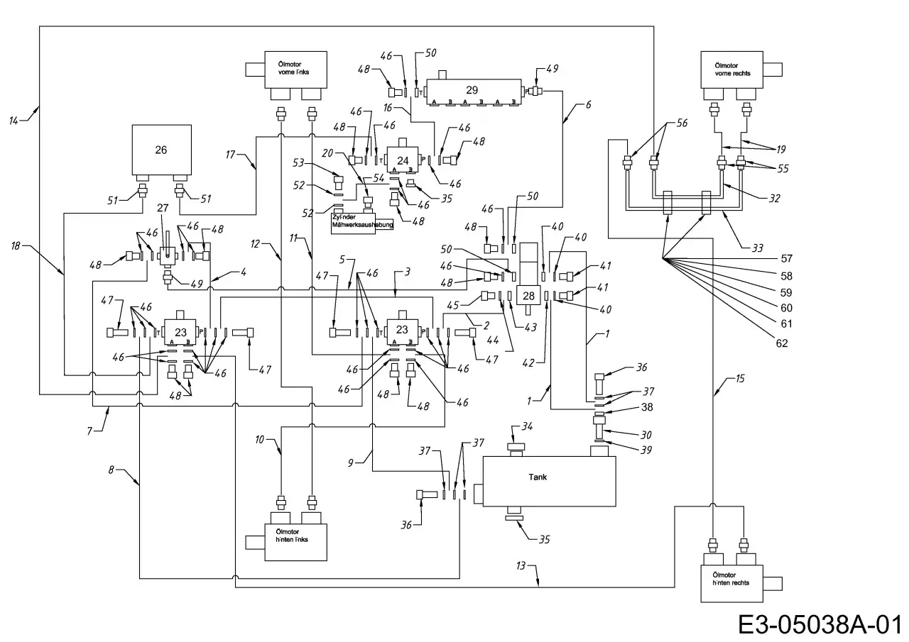 Hydraulikschaltplan für einen Holzspalter mit Ölmotoren, Zylindern und Tank.