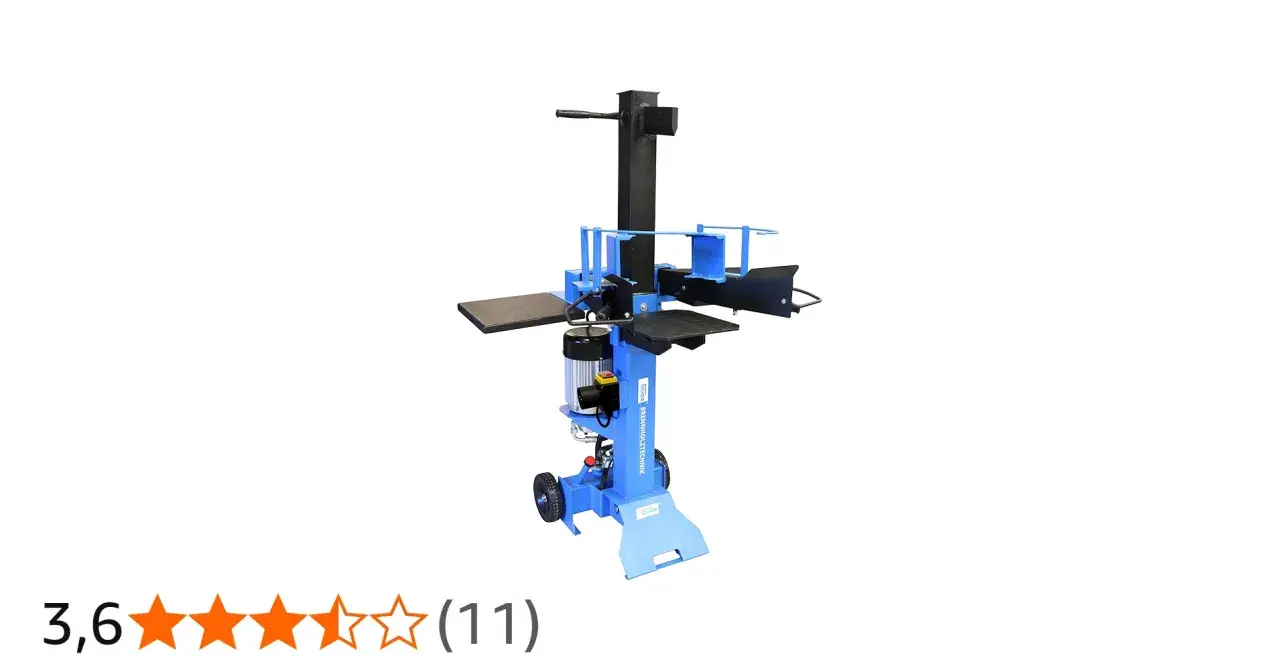 Blauer Güde Holzspalter 6t mit Rädern und Motor, bereit für den Einsatz im Garten.