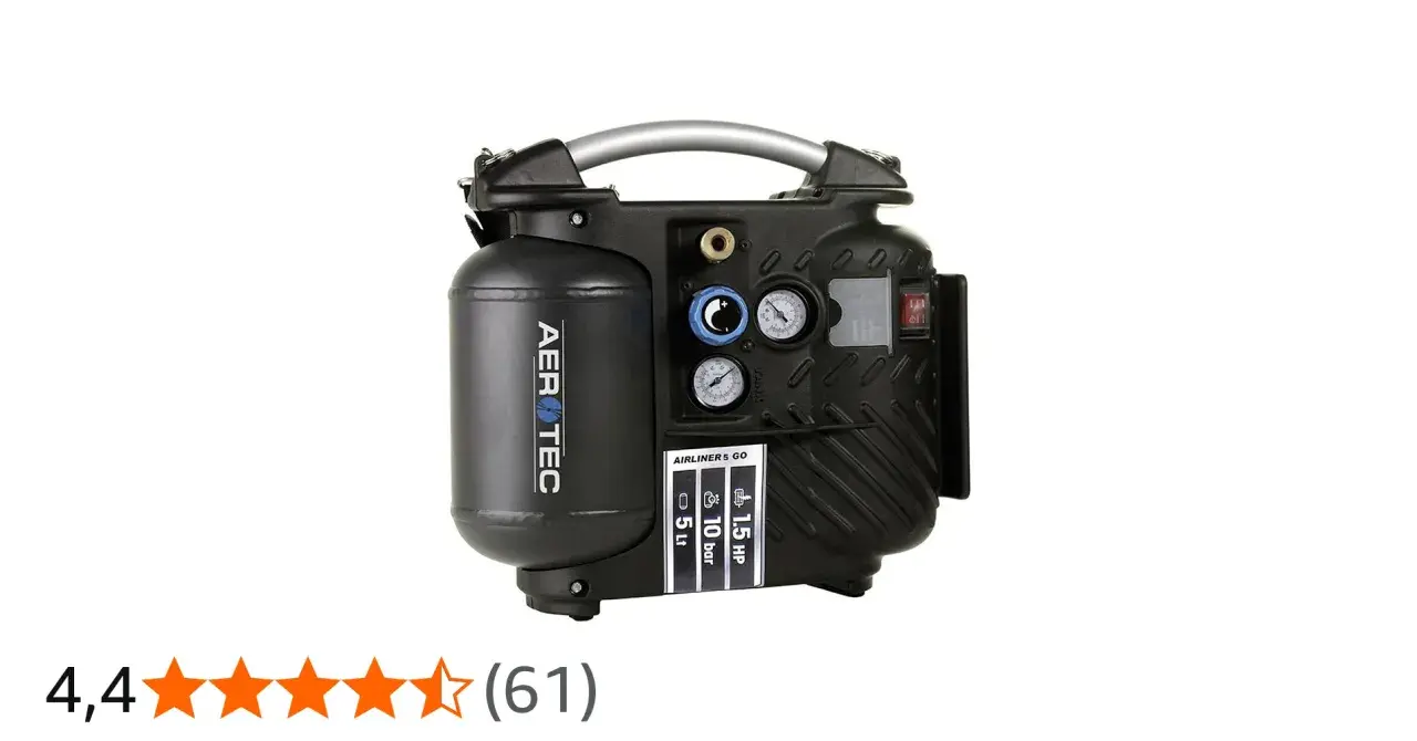 Kompakter aerotec kompressor mit 5 Liter Tank, 1,5 PS und 10 bar Druck. Ideal für unterwegs.
