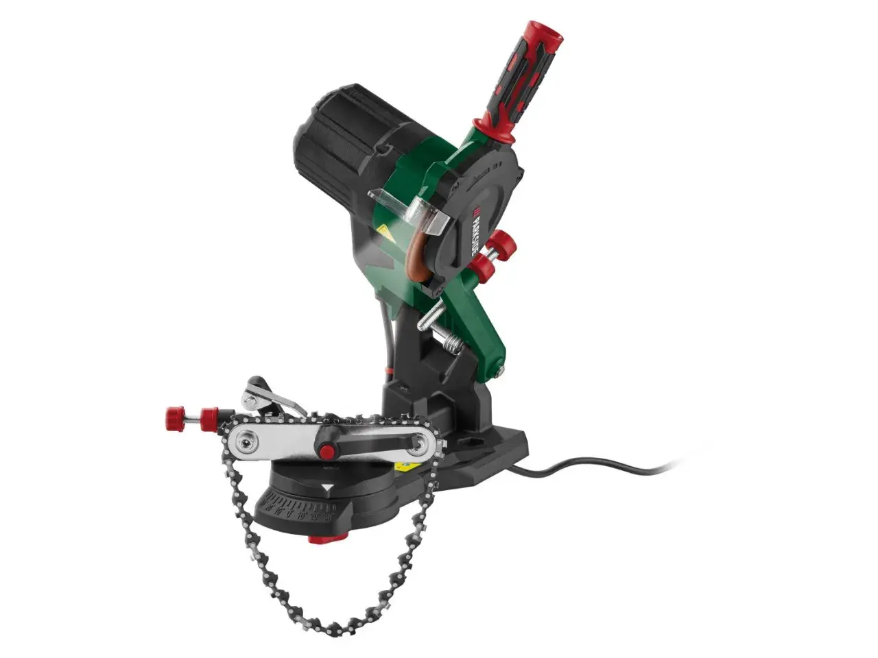 Ein automatisch arbeitendes kettenschärfgerät mit Kette und Schleifaufsatz.
