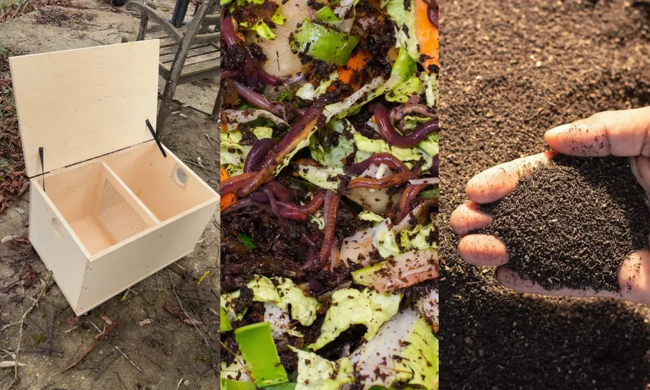 Selbstgebaute Wurmbox mit Würmern und fertigem Wurmkompost.