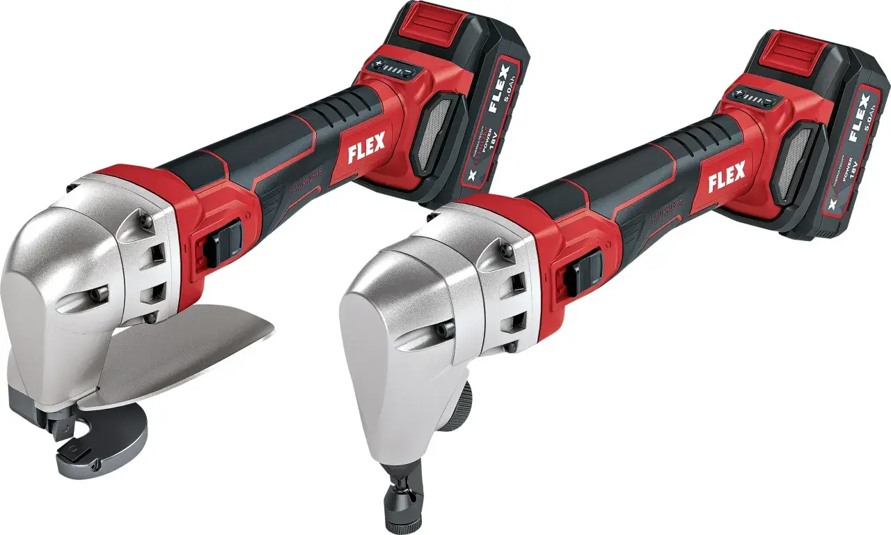 Zwei Akku-Blechscheren von FLEX, ideal zum präzisen Metall flexen.