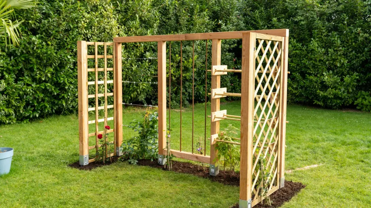 Holzkonstruktion im Garten mit Rankhilfen, die an Baustahlmatten erinnern. Kletterrosen und junge Pflanzen wachsen daran empor.