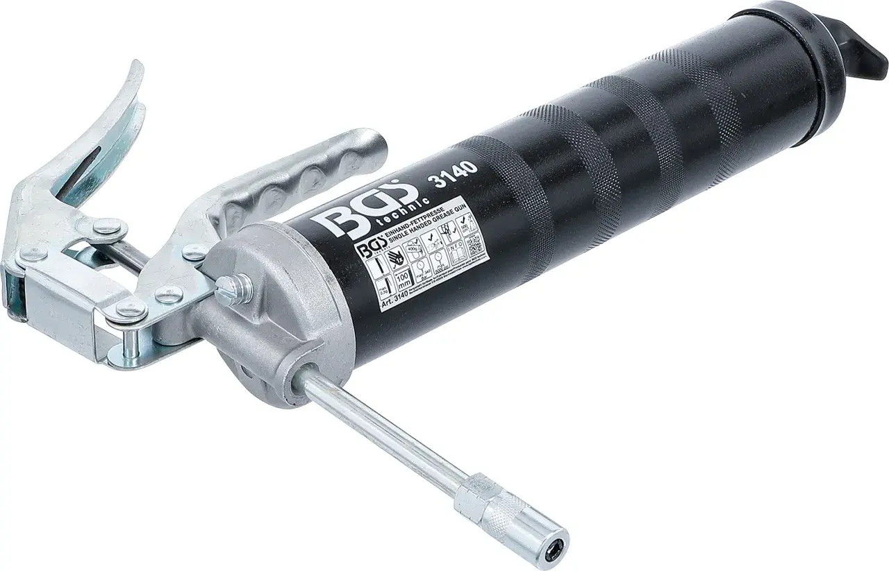 Schwarze Einhand-Fettpresse mit silbernem Hebel und Auslaufrohr. Ideal für Wartungsarbeiten.