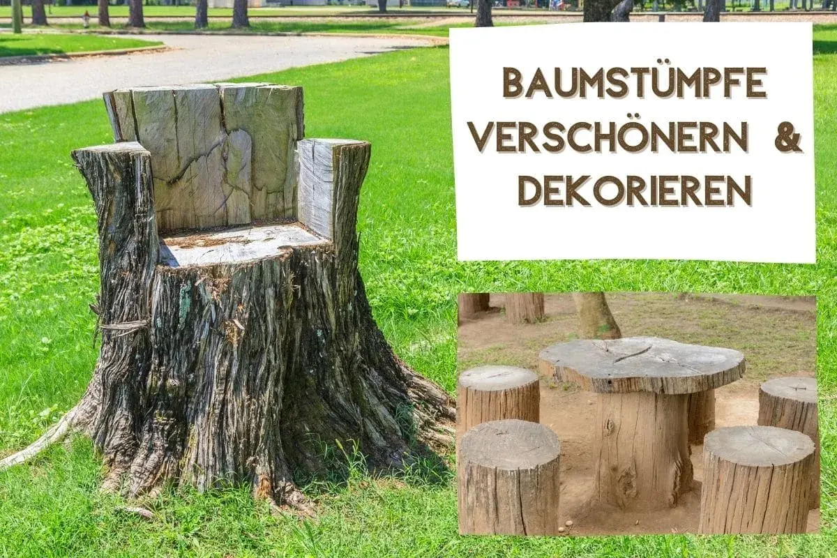 Ein Baumstumpf wird zum Thron, daneben ein Tisch mit Hockern aus Holzscheiten. So kann man aus einem Baumstamm tolle Möbel machen!