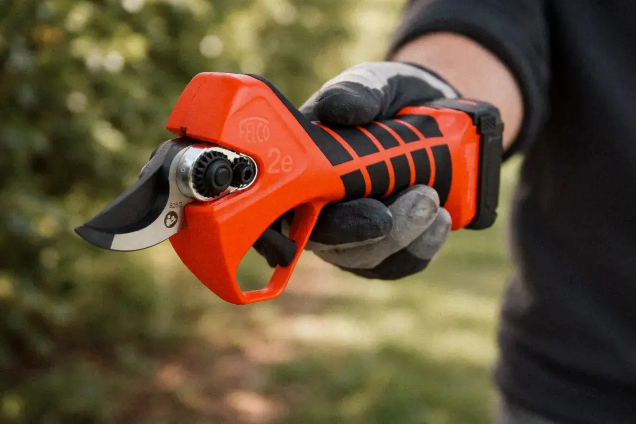 Eine Hand mit Handschuh hält eine leuchtend orangefarbene Rebschere.