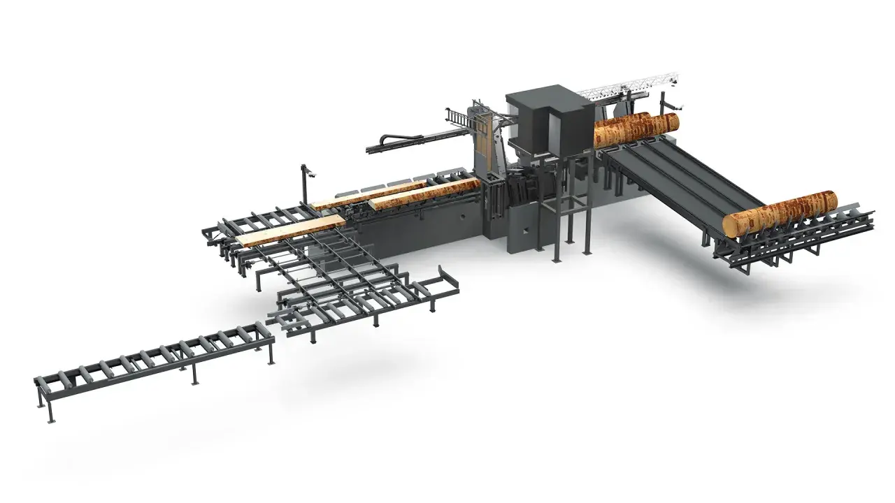 Moderne Blockbandsäge mit automatischem Stammtransport und Bretterförderung. Effiziente Holzverarbeitung.