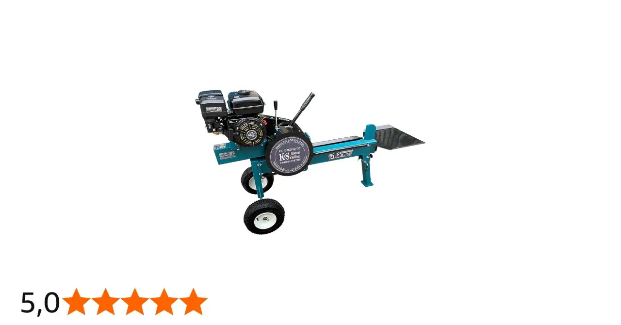 Ein kinetischer holzspalter mit Benzinmotor und Rädern, bereit für den Einsatz.