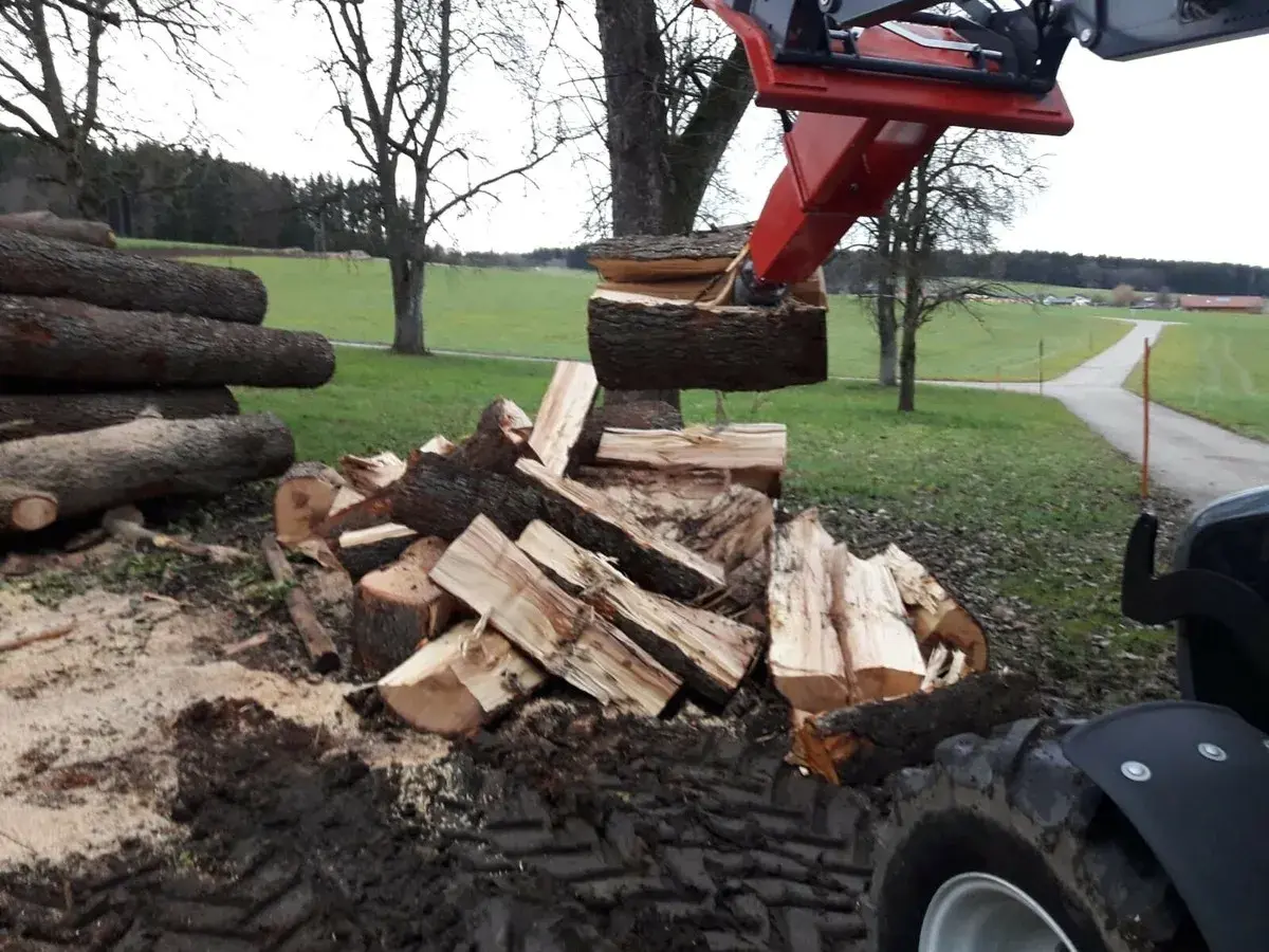Bagger mit Kegelspalter spaltet Holz. Gebraucht, aber leistungsstark für Brennholz.