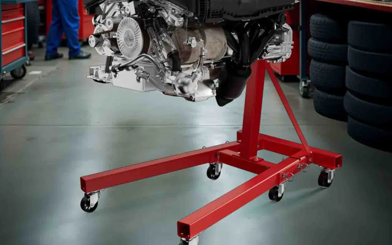Ein Motor hängt an einem roten hydraulischen Getriebeheber.