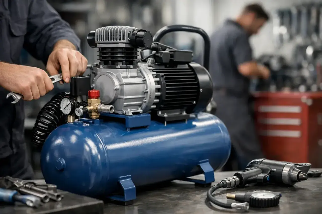 Ein Mann repariert einen blauen Kompressor 50 Liter. Daneben liegen Werkzeuge und ein Schlagschrauber.