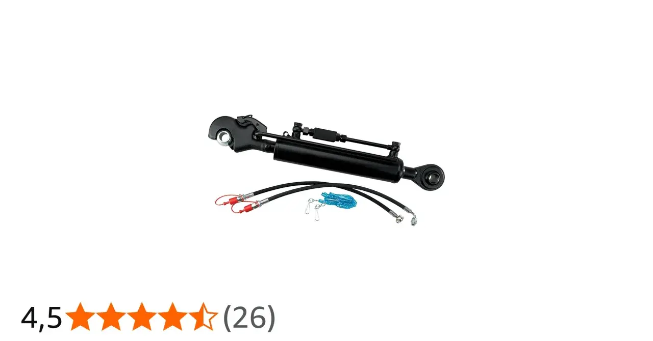 Schwarzer hydraulik oberlenker mit Schläuchen und Anschlüssen, bereit für den Einsatz am Traktor.